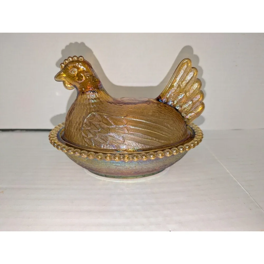 Iridescent Indiana Carnival Glass Amber Gold Hen on Nest Covered Candy Dish